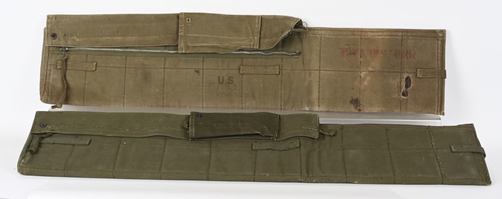 KOREAN WAR GRISWOLD M1 RIFLE PARATROOPER BAG LOT: Lot of two Korean War Era Griswold bags, also called a Cover Jump in heavy canvas OD # 7 was designed to carry an M1 Garand rifle disassembled into three sections: barrel, stock, and trigger group. Th