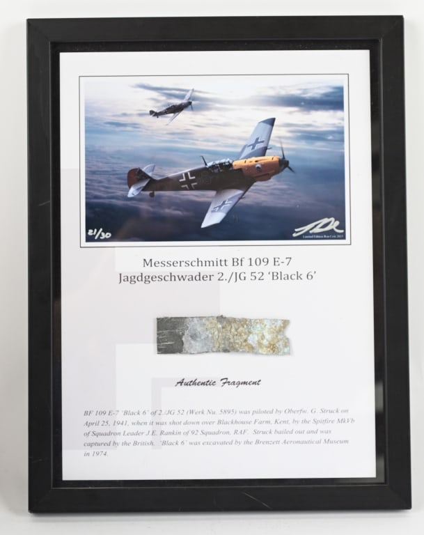WWII NAZI GERMAN LUFTWAFFE BF-109 PLANE FRAGMENT: WWII Crash Piece of a Messerschmitt Bf-109 E-7 of Jagdgeschwader 2./JG 52 'Black 6'. The citation reads "Authentic Fragment... BF 109 E-7 "Black 6 of 2./JG 52 (Werk Nu. 5895) was piloted by Oberfw. G.