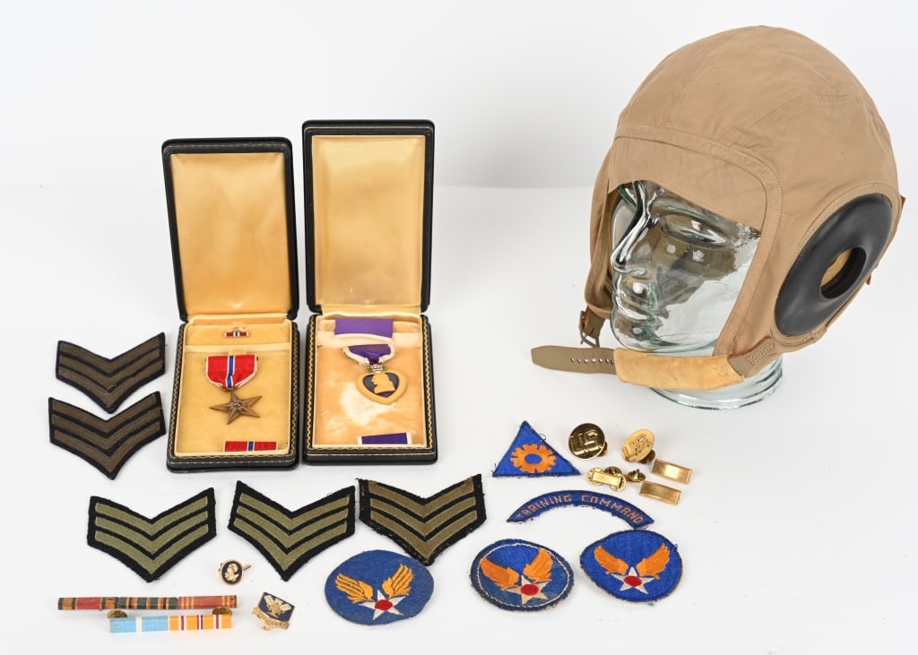 WWII FLIGHT HELMET MEDAL LOT PURPLE HEART WW2: WWII US Army Air Corps Insignia lot to include 1) Cased Purple Heart 2) Cased Bronze Star 3) Air Corps Shoulder Sleeve Patches 4) Sergeant Chevrons 5) 2nd Lt. Bars 6) Training Command Rocker 7) Engine