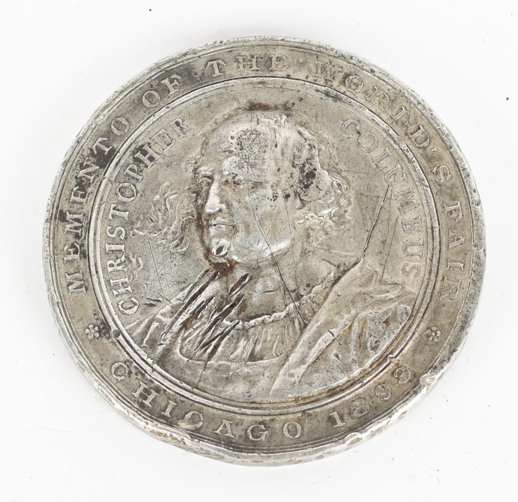 CHRISTOPHER COLUMBUS MEDAL WORLD'S FAIR CHICAGO: 1893 Chicago Worlds Fair Christopher Columbus Medal Memento 2 1/4"2 1/4" Diameter, White Metal. Has some dings and scratches. The World's Columbian Exposition, also known as the Chicago World's Fair, 