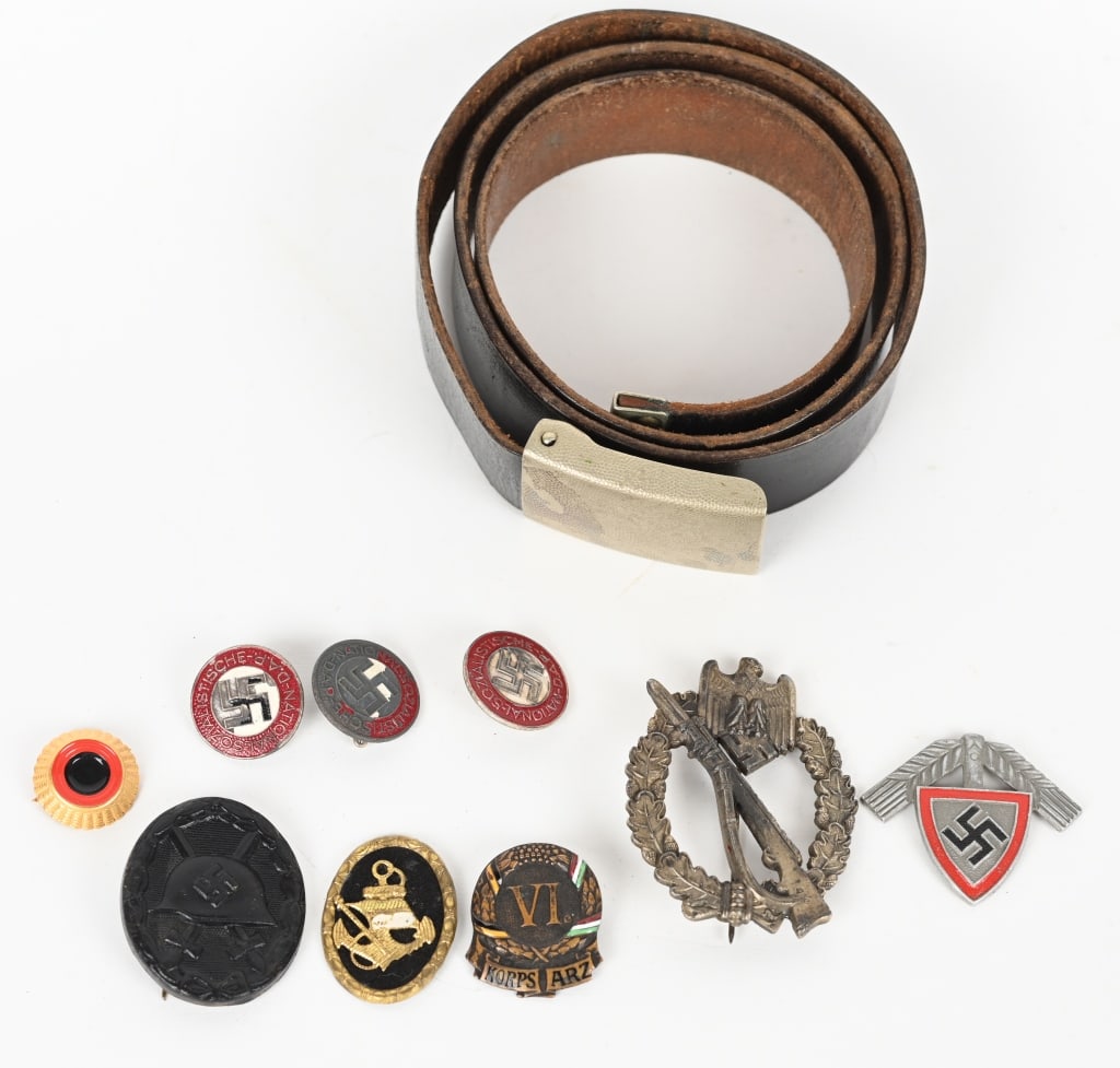 WWII NAZI GERMAN BADGE AND MEDAL LOT INFANTRY WW2: WWII Nazi German medal lot to include 1) INFANTRY ASSAULT BADGE IN BRONZE BY M.K.1. Die struck alloy construction, solid backed, badge with a silver washed features an embossed, vertically oval, oak-l