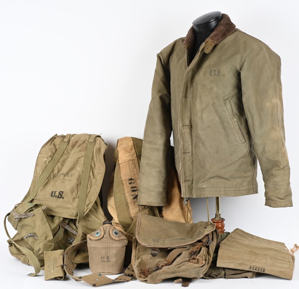 WWII US ARMY FIELD GEAR LOT PACKS PISTOL BELT WW2: Lot of US Field Gear to include 1) Bag Metallic Belt Link D34338 2) Vietnam and WWII Musette Bags 3) WWII Parachute Bag 4) WWII USN DECK JACKET SIZE 5) WWII Pistol Belt with Canteen and Medic Pouch 6)