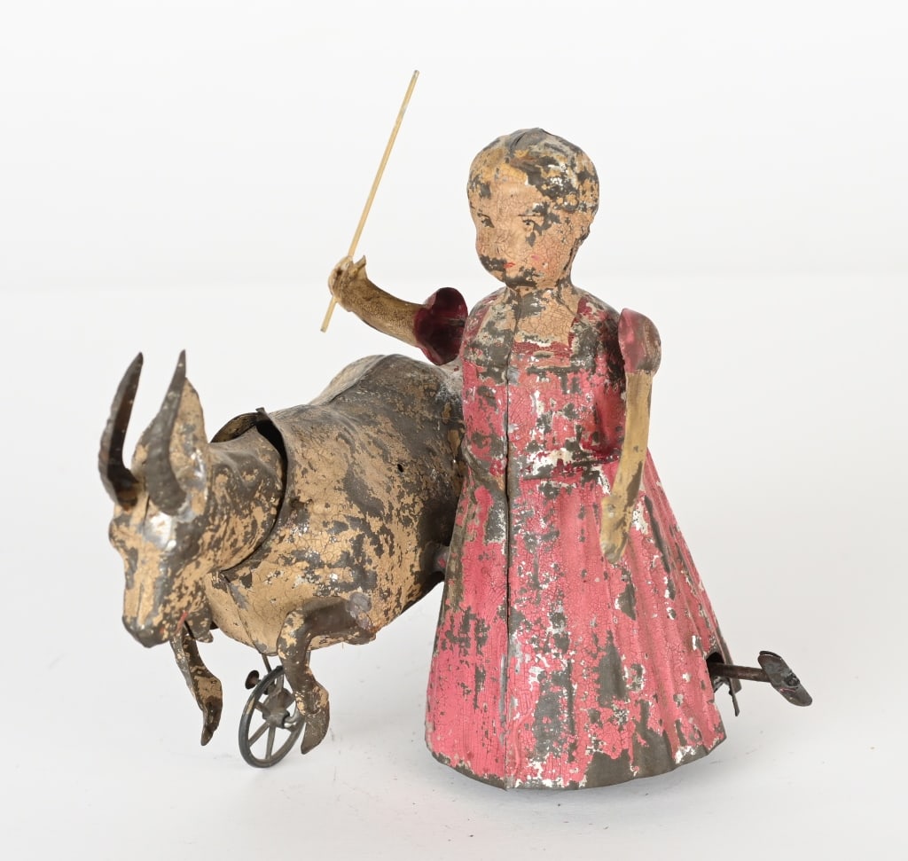 GERMAN TIN WINDUP HAND PAINTED GIRL w/ GOAT (1 of 4)