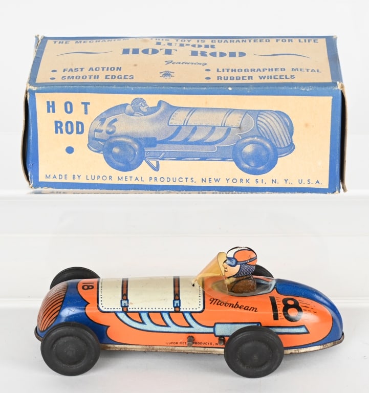 LUPOR TIN WINDUP MOONBEAM HOT ROD w/ BOX: Lupor tin windup Moonbeam Hot Rod. Looks never played with. Windup works. Boxed 6 1/2" Excellent