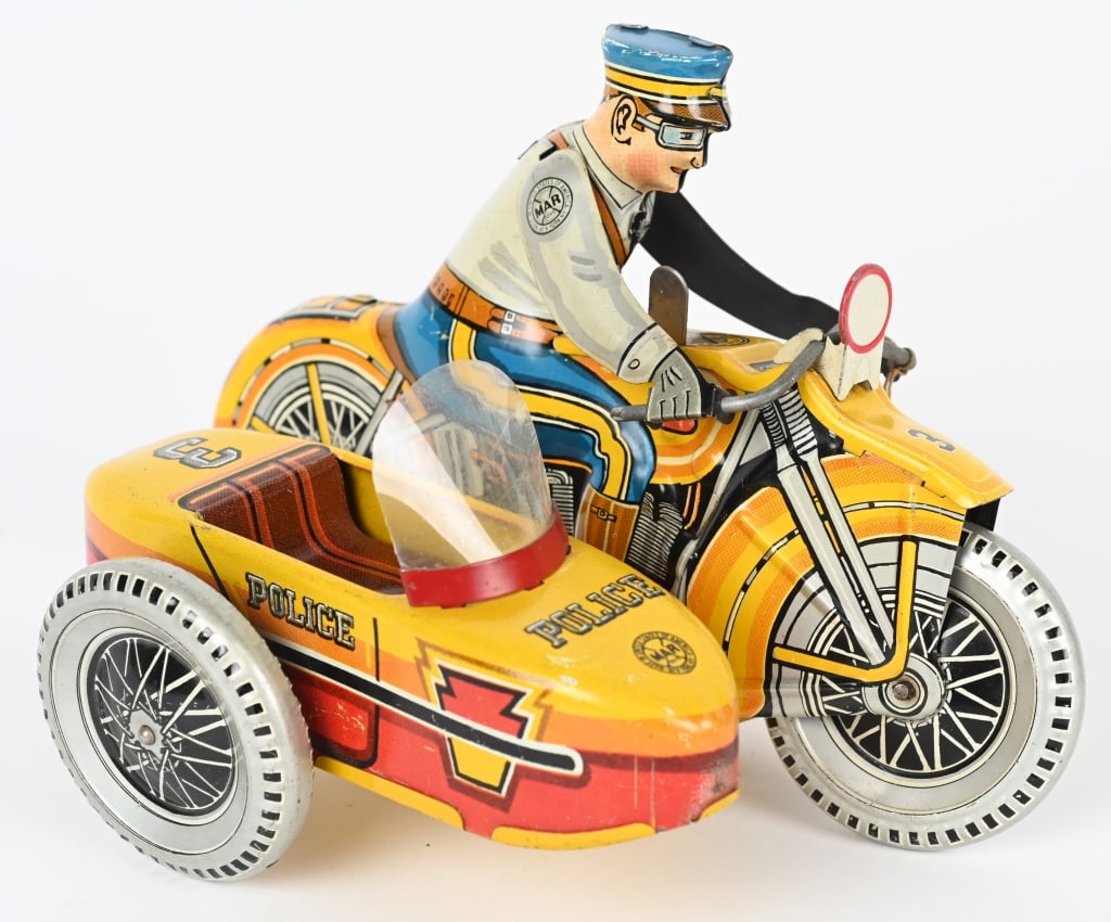 MARX TIN WINDUP POLICE MOTORCYCLE w/ SIDECAR (1 of 5)
