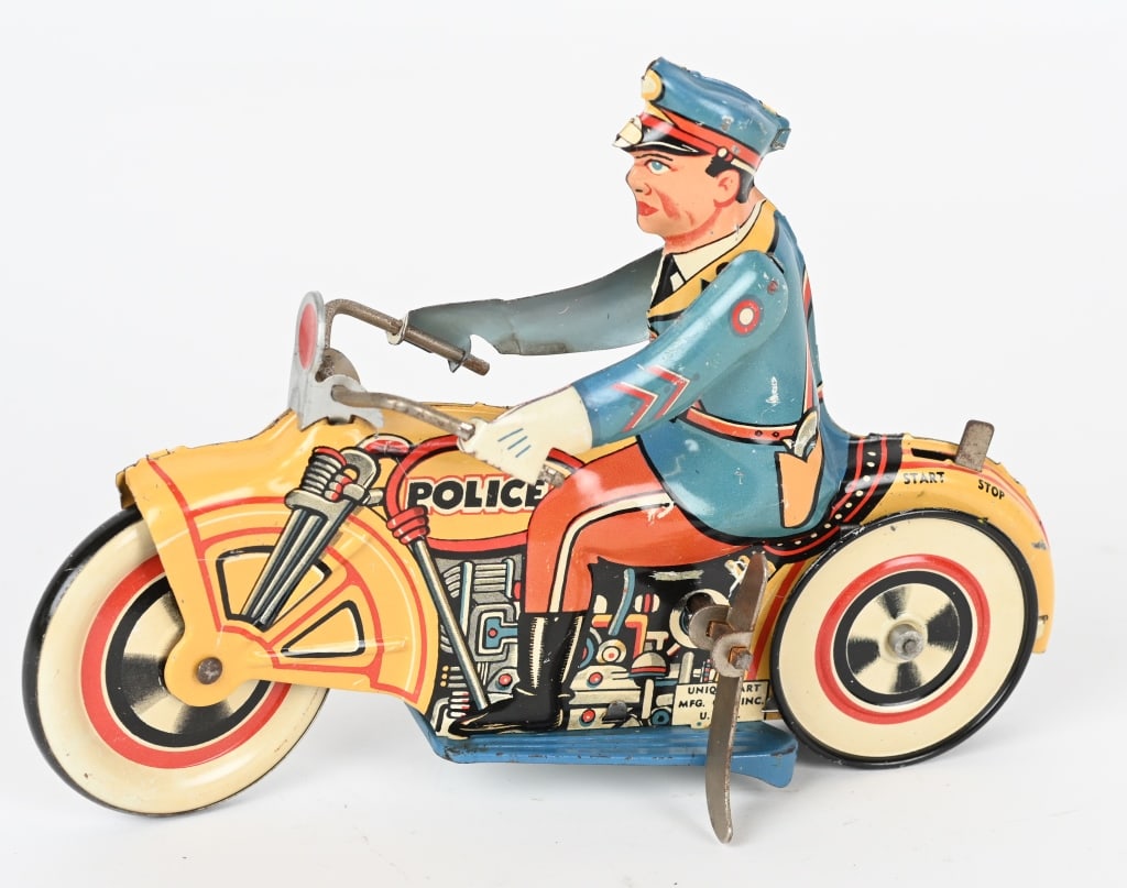 UNIQUE ART TIN WINDUP POLICE MOTORCYCLE: Unique Art tin windup Police Motorcycle. All original in great shape. Windup works. 8" Excellent