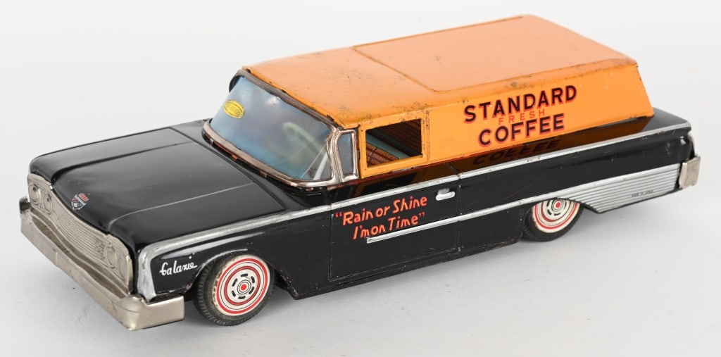 JAPAN TIN FRICTION FORD STANDARD COFFEE CAR: Japan tin friction Ford Galaxie with Standard Coffee Advertising. All original and complete. Friction works. Has some edge wear. 11" Very Good-Excellent
