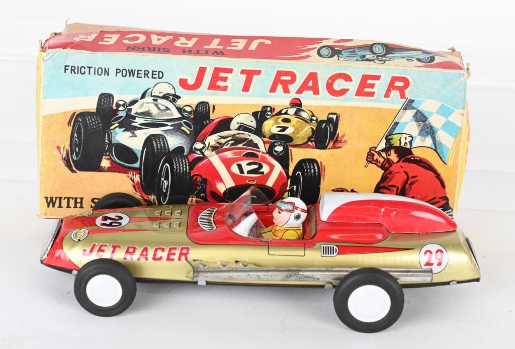JAPAN TIN FRICTION JET RACER w/ BOX: Japan tin friction Jet Racer. All original in great shape. Friction works. Boxed 10" Excellent