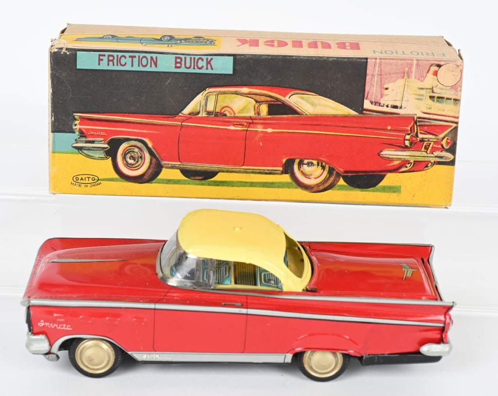 DAITO TIN FRICTION BUICK INVICTA w/ BOX: japan tin friction Buick Invicta with Retractable hard Top. Looks never played with condition. friction works. Boixed 9" Excellent