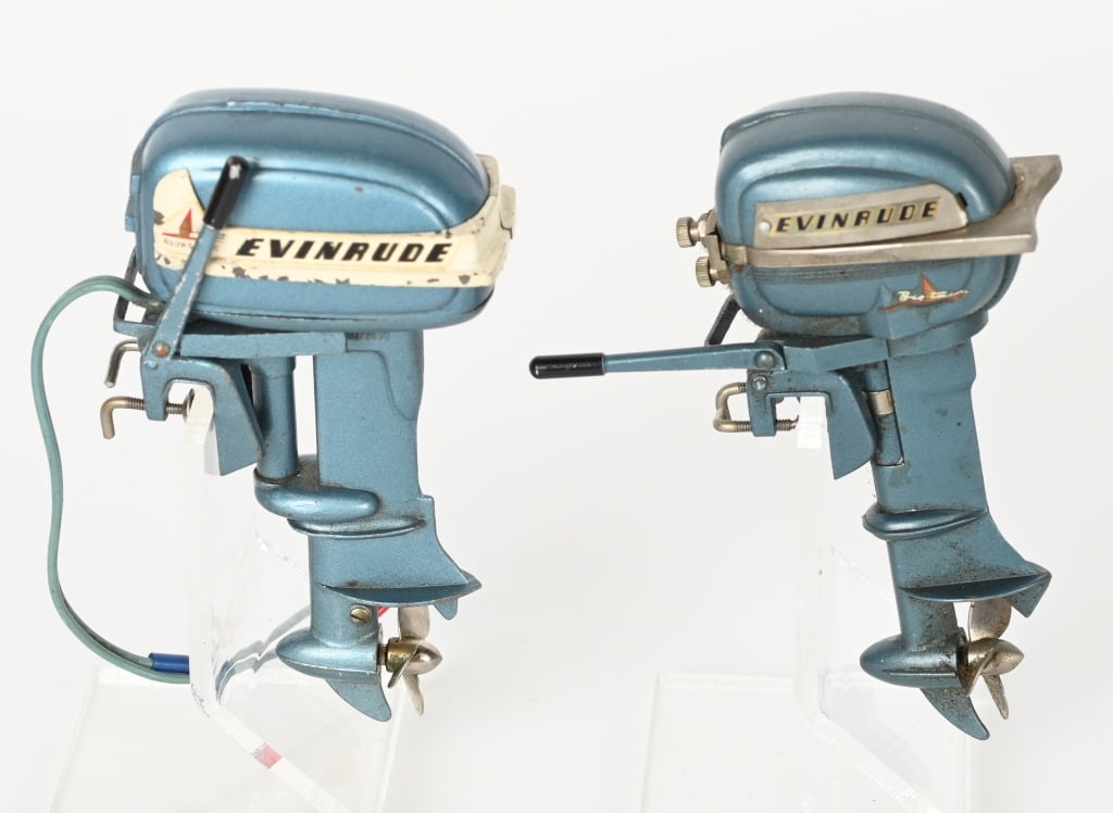 2- EVINRUDE BATTERY OP OUTBOARD BOAT MOTORS: Pair of battery operated Evinrude Outboard Boat Motors. Both in great shape. Largest 5 1/2" Excellent