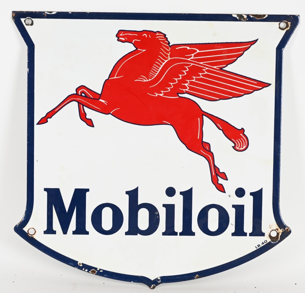 MOBILOIL SHIELD PORCELAIN SIGN: SSP Nice single sided porcelain sign. Has nice colors and clean field. Has some chip around mount holes and edges. Marked IR 40 along bottom. 12 1/2"x12" Excellent