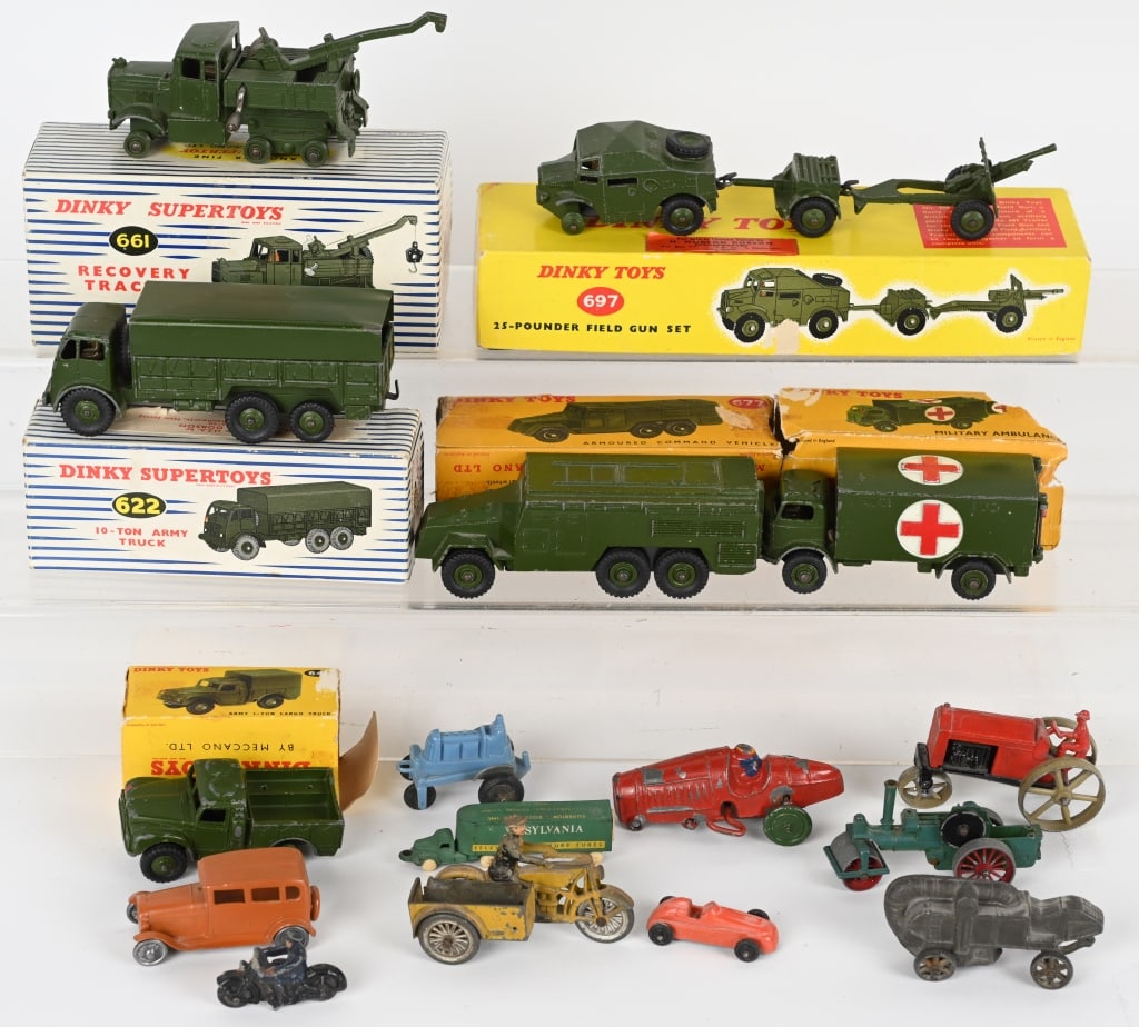 DINKY DIECAST TOY LOT & MORE: Dinky toys include 1. 661 Recovery Tractor with box, missing tires, 2. 697 Field gun set with box. missing tires, 3. 641 Army Truck with box, missing 1 tire, 4. 677 Armored Command truck, with box, tr
