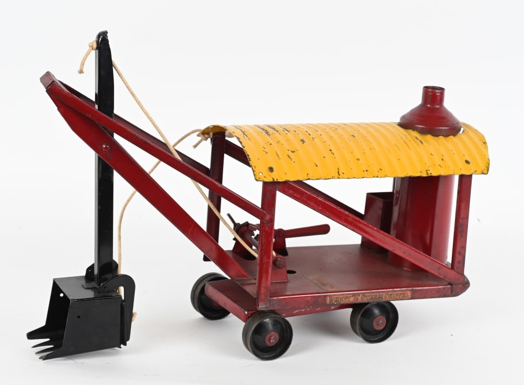 BUDDY L PRERSSED STEEL STEAM SHOVEL "RED": Scarce Red and Yellow Buddy L Junior Steam Shovel. Very nice original paint and decals. Hard to find variation. 20" Excellent