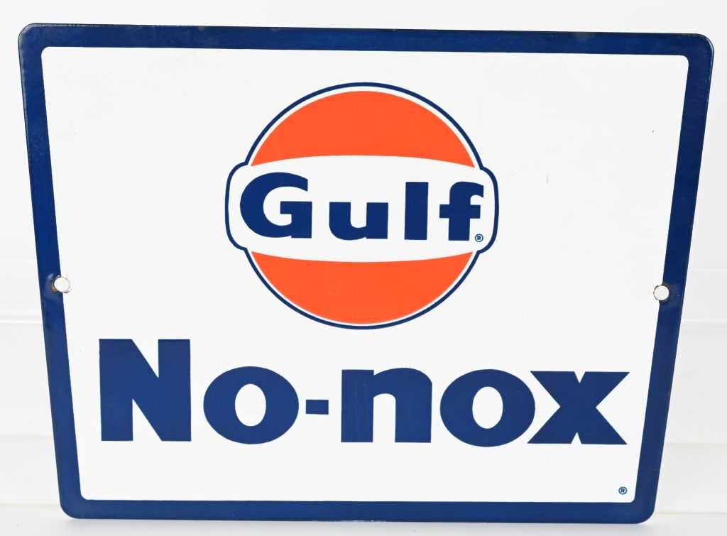 GULF NO-NOX PORCELAIN GAS PUMP PLATE: SSP The sign is in great condition with nice colors. No damage in field only a few minor chips near mounting holes and edges. 11 1/2" Excellent