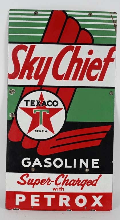 TEXACO SKY CHIEF PETROX PORCELAIN PUMP SIGN: SSP Nice clean sign with nice colors. Field has a few small spots closer to edges. Some chips near mount holes and edges. 22"x12" Excellent
