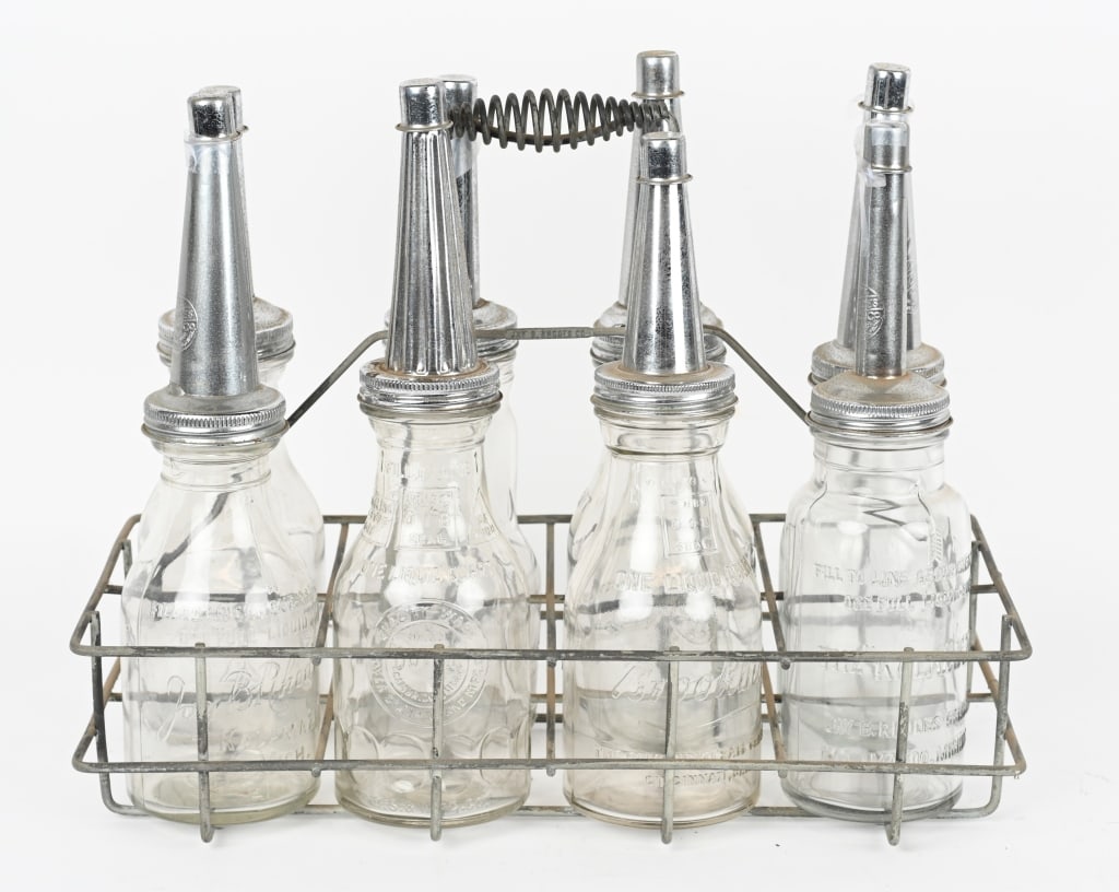 SERVICE STATION OIL BOTTLES & RACK (1 of 5)