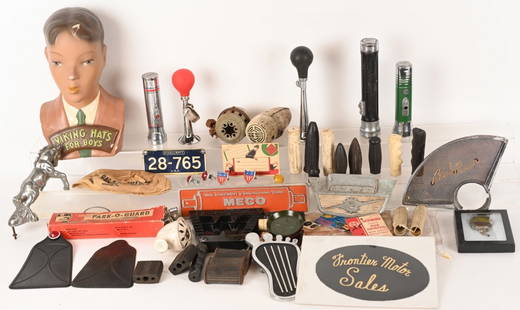 PEDAL CAR, BICYCLE & ADVERTISING LOT: Lot includes a Viking Boys Hat counter display, many vintage pedal car and bicycle parts including an early Steelcraft pedal car license plate, car parts and accessories and more. Condition varies.