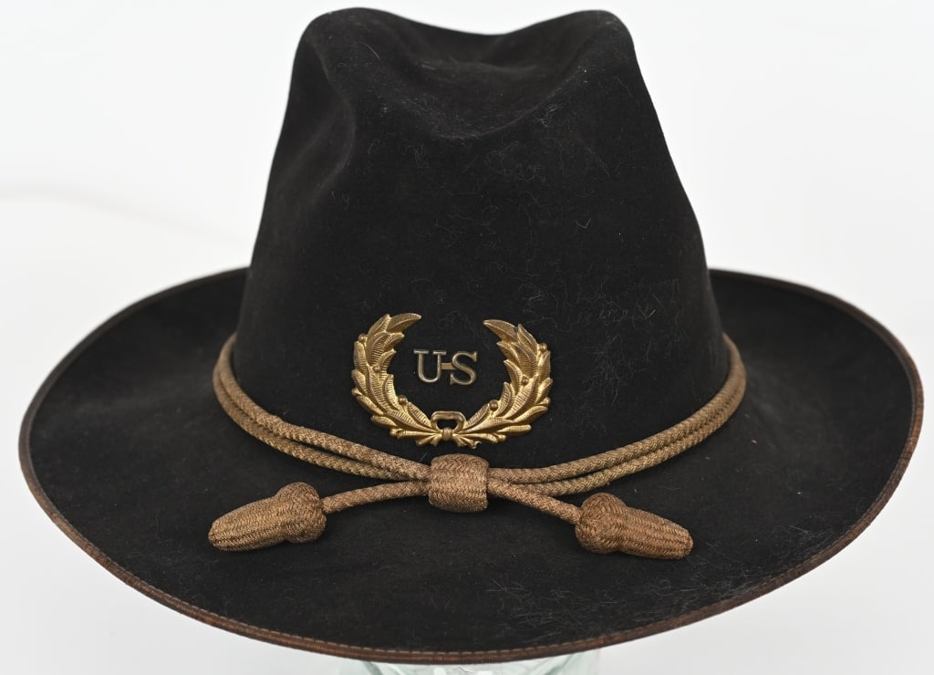 US INDIAN WARS OFFICERS STAFF CAMPAIGN HAT STETSON: Early Indian Wars Campaign Hat that is made of black wool in excellent condition. The cap has an early bullion Officers Cord with tassels and just above that a Staff Officers US Wreath. The hat was ma