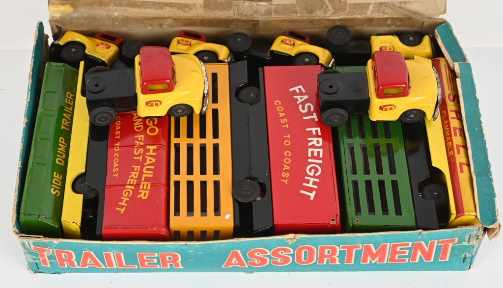 6- JAPAN TIN FRICTION TRUCKS & TRAILERS w/ BOX (1 of 8)