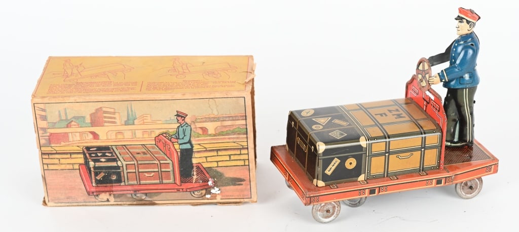 GERMAN TIN WINDUP BAGGAGE PORTER w/ BOX (1 of 5)