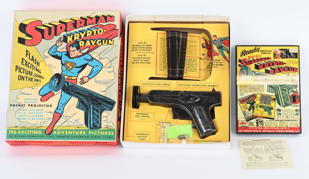 DAISY SUPERMAN KRYPTO RAY GUN w/ BOX: Nice original Superman Ray Gun and films in a reproduction box. Great graphics on the gun and box. Excellent