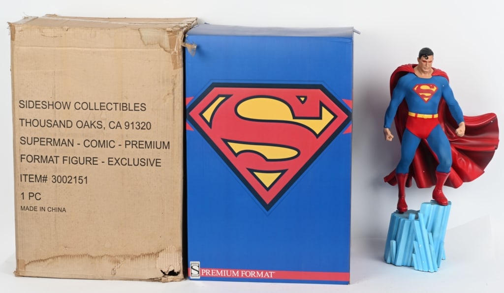 SUPERMAN FIGURINE SIDESHOW, 75TH ANNIVERSARY: DC Comics, No. 2457/2500, With original shipping box, display box, and packaging, With interchangeable heads, Display box measures 28 x 18 x 14in, Figure measures 26in tall., Near Mint