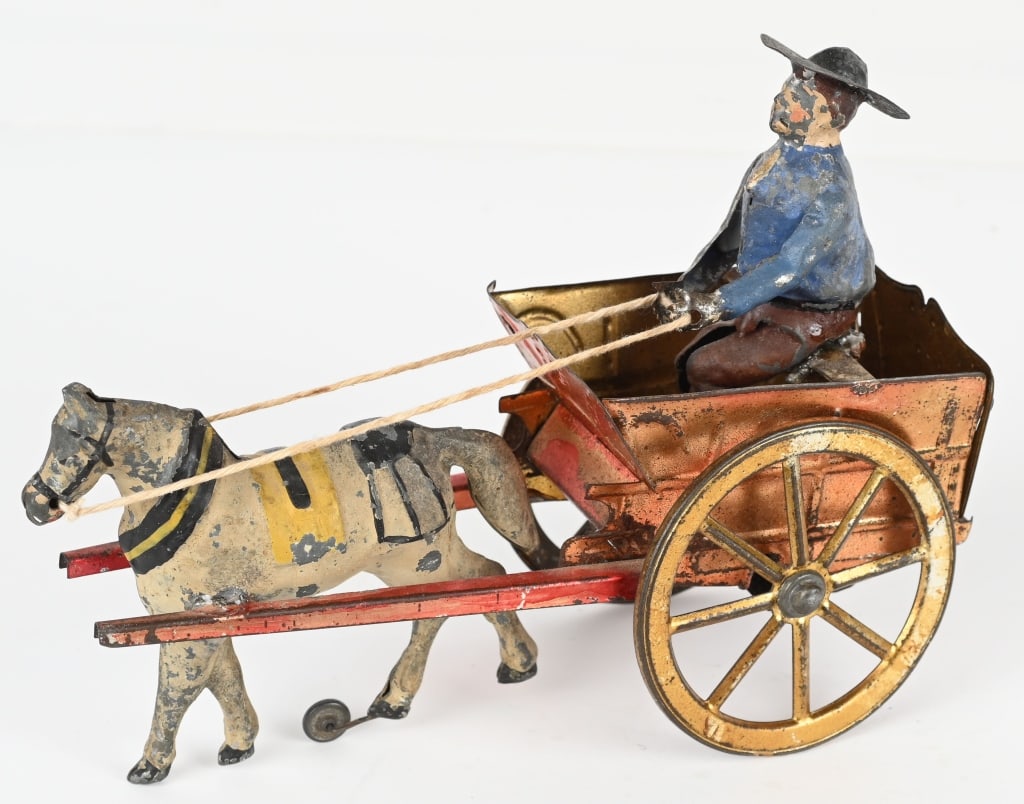 GERMAN GUNTHERMANN TIN WINDUP MAN & HORSE CART (1 of 6)