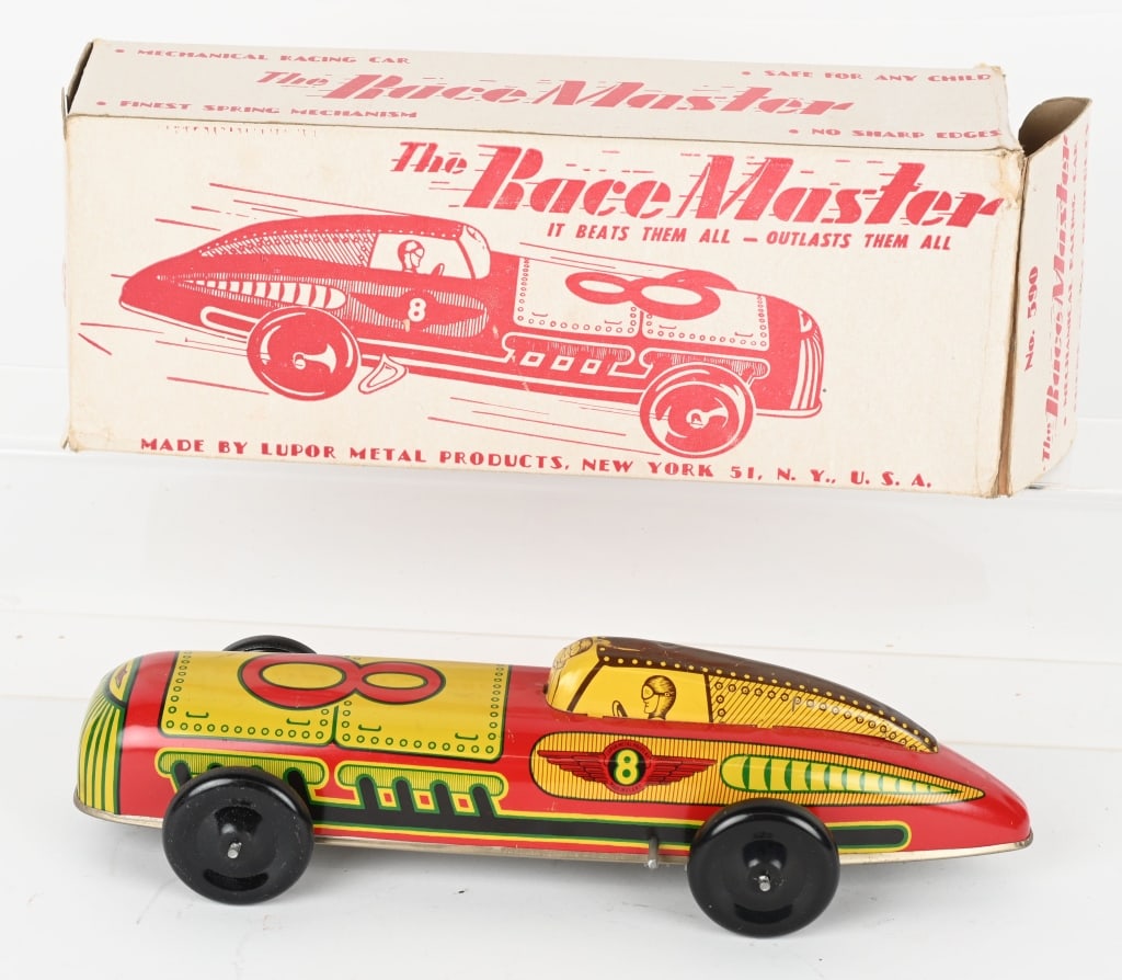 LUPOR TIN WINDUP RACE MASTER w/ BOX: All original with bright colors and gloss. Windup works.. Includes original box. 11" Excellent, 3573