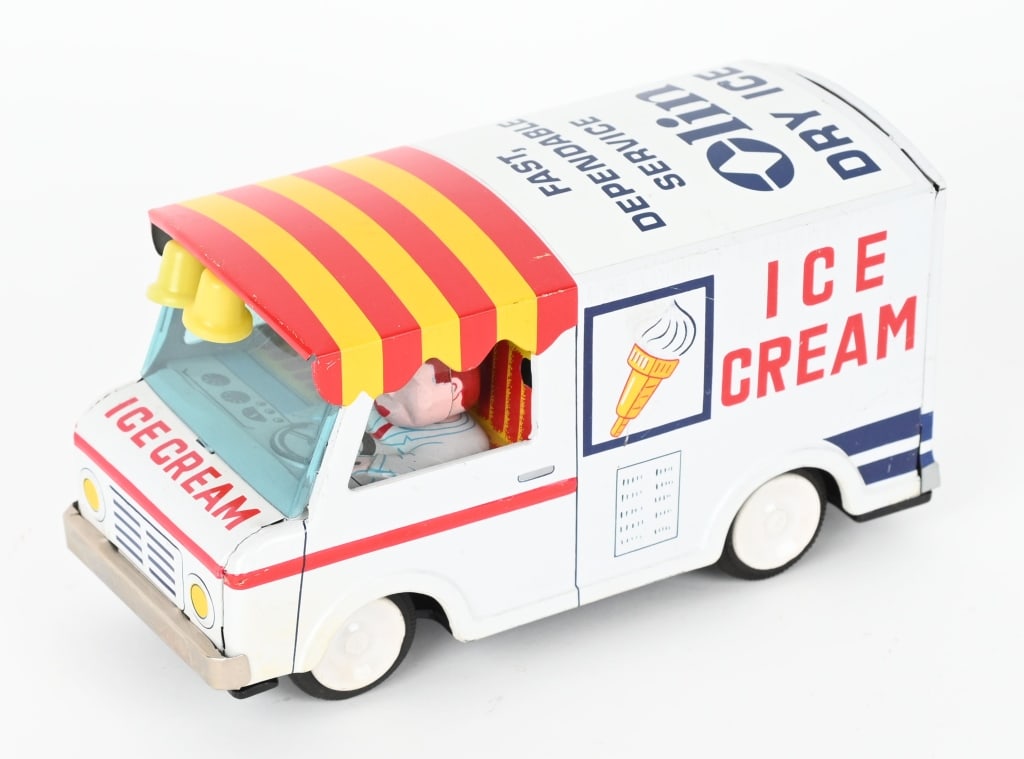 JAPAN TIN FRICTION ICE CREAM TRUCK: All original with bright colors and gloss. Friction motor works and rings bell. 7" Excellent, 4501