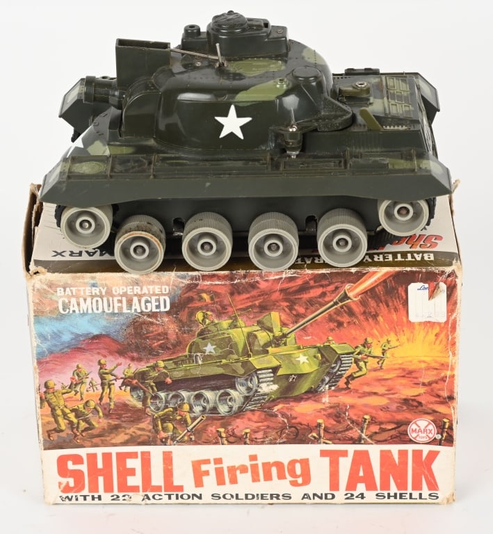 MARX BATTERY OP SHELL FIRING TANK w/ BOX: Nice looking plastic tank with the original colorful box. Did not work when tested. 8", Very Good-Excellent