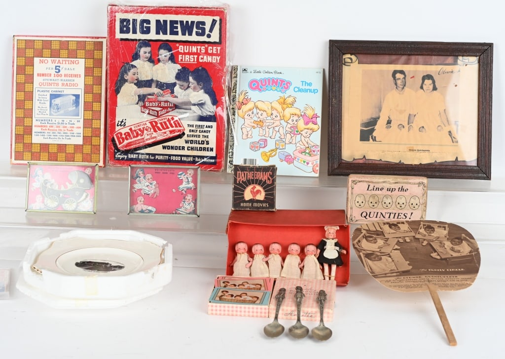 LOT OF DIONNE QUINTS ITEMS: Includes Silverware, Games, Books, Toys, and More. Some hard to find items. Excellent