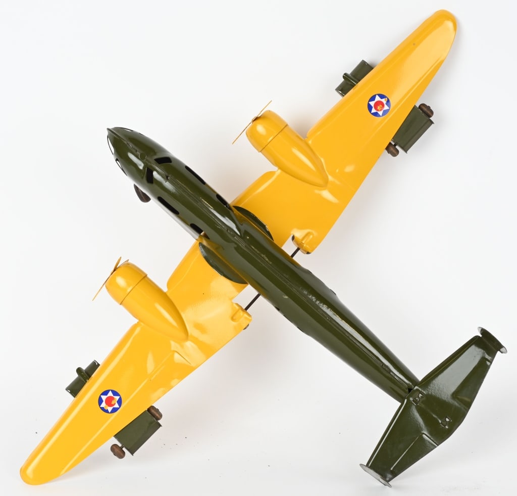 BUDDY L PRESSED STEEL ARMY AIRPLANE w/ TANKS: Buddy L pressed army airplane with tanks that has been restored. Displays well. 27" WS by 20". Excellent