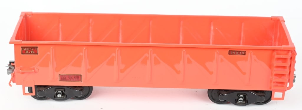 BUDDY L TRAIN GONDOLA T. REPRODUCTIONS: Quality pressed steel reproduction of the Buddy L Train Gondola by T Reproductions. Could use some cleaning. 21", Excellent