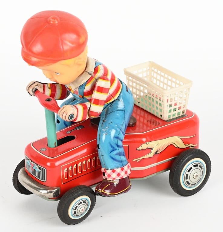 JAPAN BATTERY OP BOY RIDING HOT ROD: All original with nice colors. Worked when tested. 8" Excellent