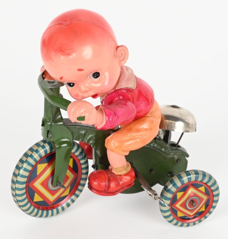 PRE-WAR JAPAN WINDUP CELLULOID BOY IN TRIKE (1 of 4)