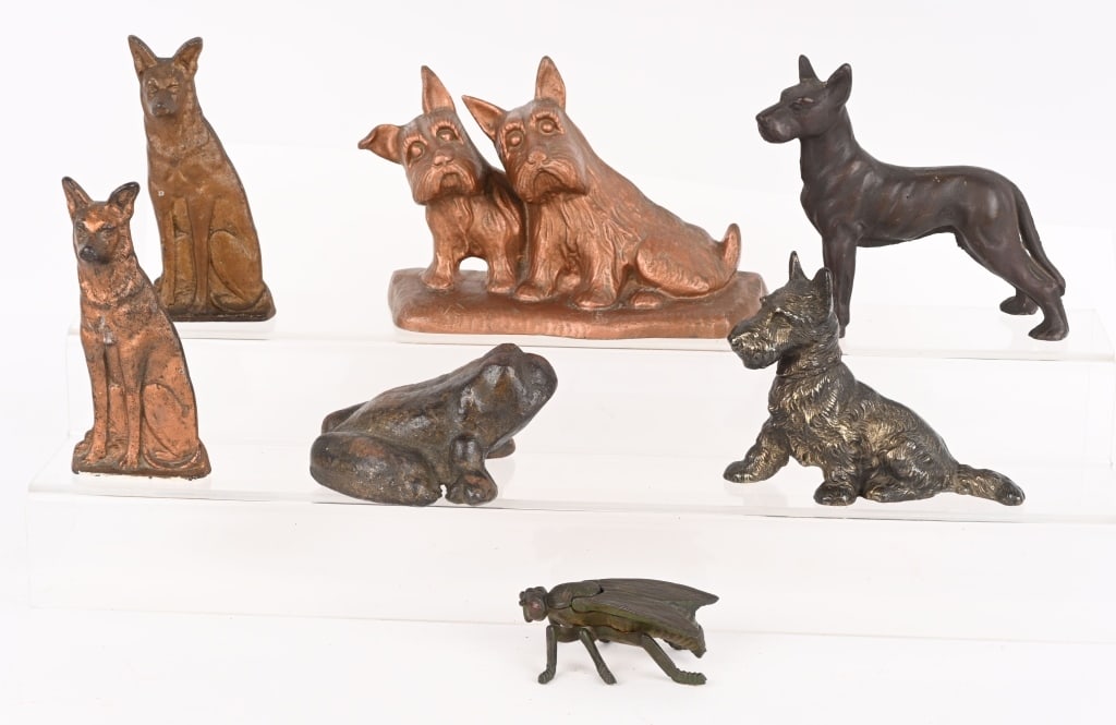 CAST FIGURAL ANIMNALS: Includes Cast Iron and Aluminum Dogs, Frog, and Fly. All original in great shape. Largest 8 3/4" Excellent