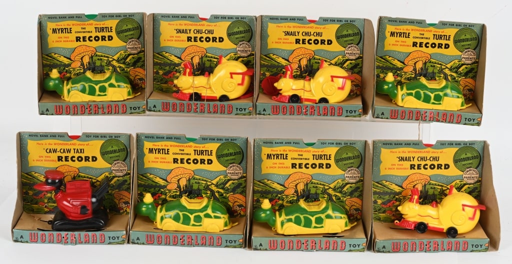 8- PYRO WONDERLAND ANIMAL & RECORD MIB: Includes 4 Myrtle Turtles, 3 Snaily Chu-Chu, and Caw Caw Taxi. All never played with includes Record. All in Boxes. 8" Excellent