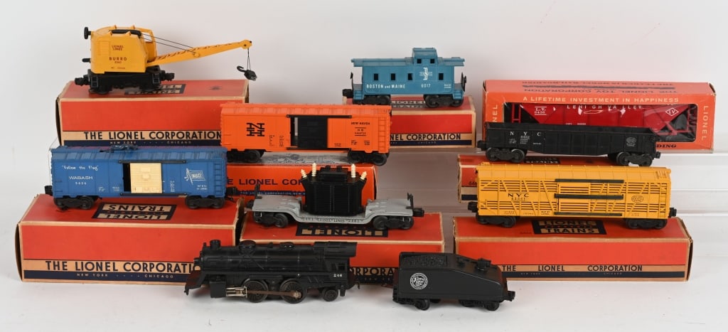 LIONEL #246 ENGINE & FREIGHT CARS: Lionel #246 Engine and Tender with #2461 Transformer Car, #6462 Gondola Car, #6356 Stock Car, #6464-735 Box Car, #3424 Brakeman Car, #3360 Buro Crane Car, #2461 Transformer Car, and #6436 Dump Car. Mo