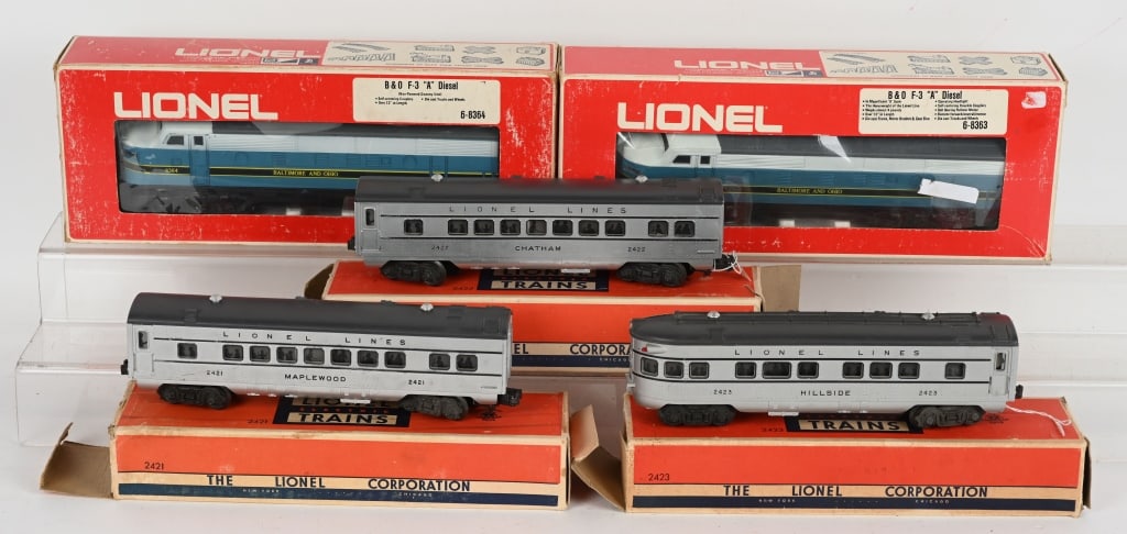 LIONEL B&O F3 AA UNITS & PASSENGER CARS: Lionel #6-8363 & 6-8364 B&O F3 AB Units with #2421 Illuminated Pullman Car, #2422 Illuminated Pullman Car, #2423 Observation Car. All like new in Boxes. Excellent