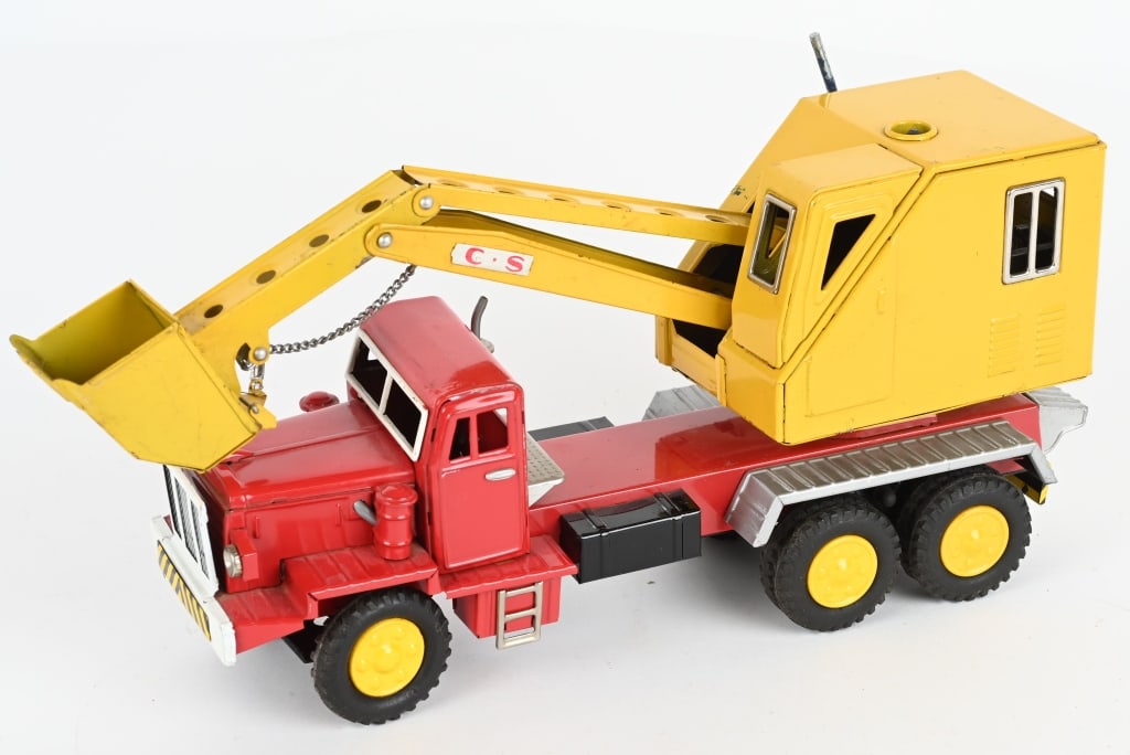 JAPAN CRAGSTAN TIN FRICTION CRANE TRUCK: great looking tin toy truck with nice colors and gloss. 16" Excellent