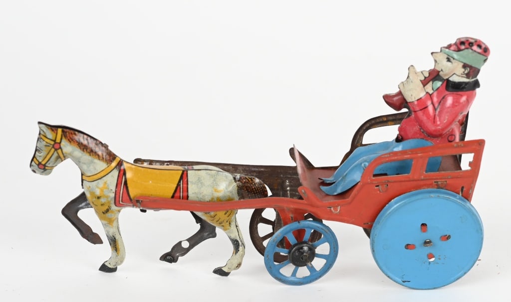 GERMAN TIN PENNY TOY HORSE CART & RIDER (1 of 2)
