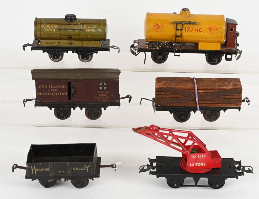 LOT OF FOREIGN TRAIN CARS: Includes Bing, Hornby, and Kraus. All in original condition. Very Good-Excellent
