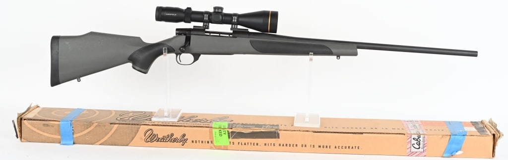 WEATHERBY VANGUARD BOLT ACTION RIFLE WITH SCOPE: SERIAL NUMBER: VB029977. BARREL: 24". CALIBER: .22-250 REM. MANUFACTURED: 2010S. Made in Japan, with a standard weight barrel. Matching serial on the bolt. Matte blued finish and gray polymer stock. I