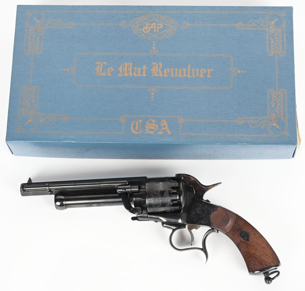 ITALIAN F. PIETTA LEMAT REVOLVER WITH BOX: SERIAL NUMBER: L15060. BARREL: 6-3/4". CALIBER: .44 CAL/20 GAUGE SHOT BLACKPOWDER PERCUSSION. MANUFACTURED: 2005. Made in Italy, as a faithful reproduction of the original Lemat from the Civil War. "C