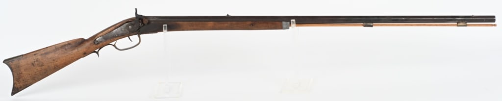 HALF STOCK PERCUSSION SPORTING RIFLE: BARREL 36.5". CALIBER .45. Full octagon barrel, new wood rod, back action lock, wood half stock with pewter tip, iron hardware, brass furniture, no patchbox. Condition. Wood bleached out, crack on for