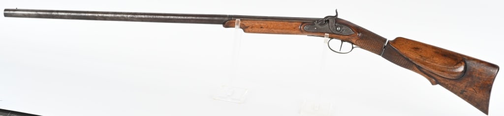 OBERNDORF TAKE DOWN PERCUSSION RIFLE: Unusual stock that comes apart at wrist. (needs some work) 30.5" octagon to round 12 ga smooth bore barrel. Engraved frame,& hammer, single trigger, checkered wrist. OBERNDORF engraved on lock. Still