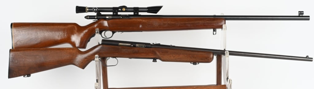 LOT (2) VINTAGE .22 RIFLES: A. MARLIN SEMI AUTO 22 LR. Early gun, no model number, magazine fed (missing), walnut stock, sporting sights. Chip at toe of stock, metal smooth blue brown patina. Bore is bright. B. MOSSBERG MODEL 14