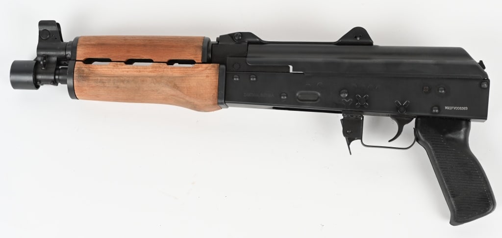 ZASTAVA, SERBIA PAP M92PV SEMI AUTO PISTOL: SERIAL NUMBER: M92PV008369 BARREL: 10" CALIBER: 7.62 x 39. MANUFACTURED: 1992 to Present. Century Arms Import PAP-M92PV, pistol has black parkerized finish. Wooden forend with minor scuff marks and bl