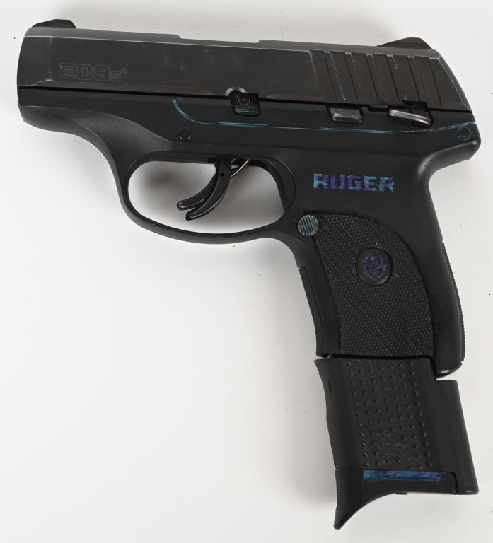 RUGER EC9s SEMI AUTO PISTOL: SERIAL NUMBER: 457-09343 BARREL: 3" CALIBER: 9MM Black polymer frame with Ruger logo on both sides. Black steel slide with EC9s on the left side and Ruger Prescott. Az. USA on the right. Has ONE exten