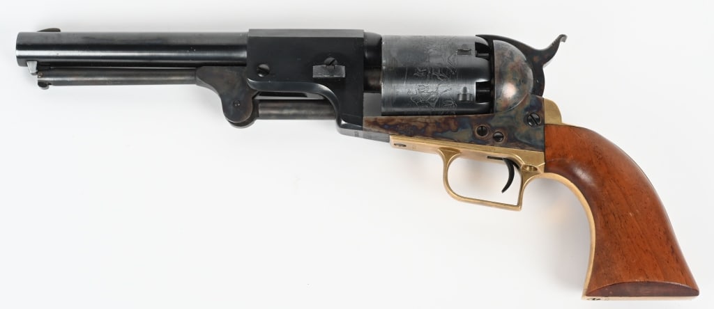 2ND GEN. COLT 2ND MODEL DRAGOON REVOLVER: SERIAL 33318. BARREL 7.5". CALIBER 44. MADE 1980-82. Blue and case color finish, brass straps, one piece walnut grips, Rangers cylinder scene. Condition. Appears near new, unfired, minor handling. NO 